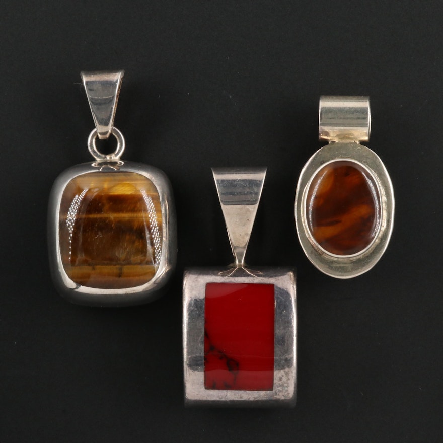 Sterling Silver Pendants with Tiger's Eye and Red Jasper