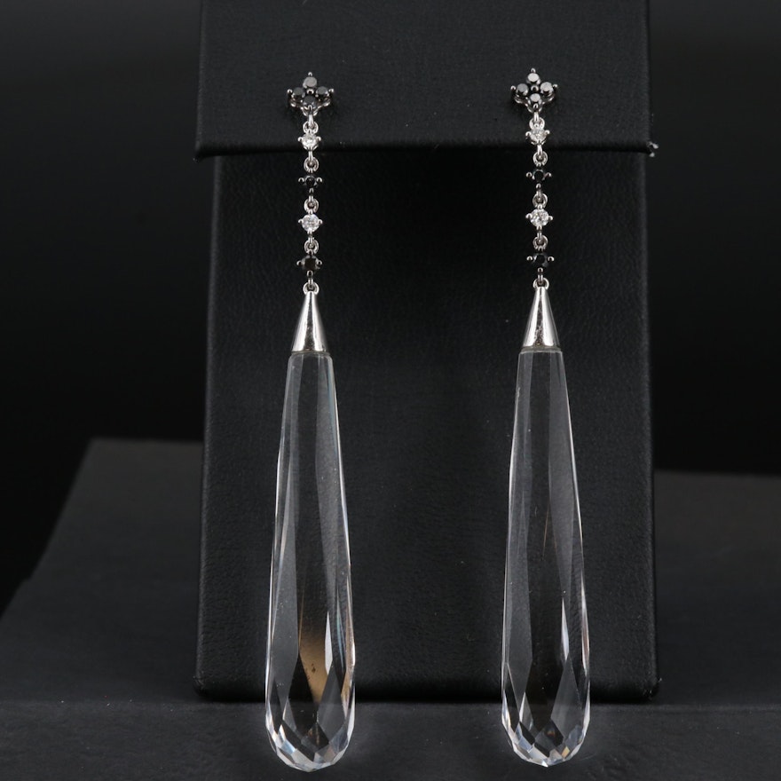 14K Rock Crystal Quartz and Diamond Dangle Earrings