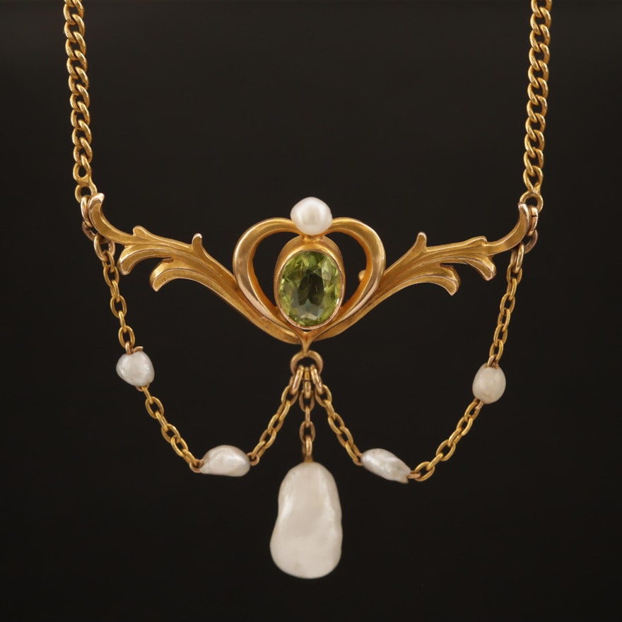 Art Nouveau 14K Peridot and Pearl Festoon Necklace