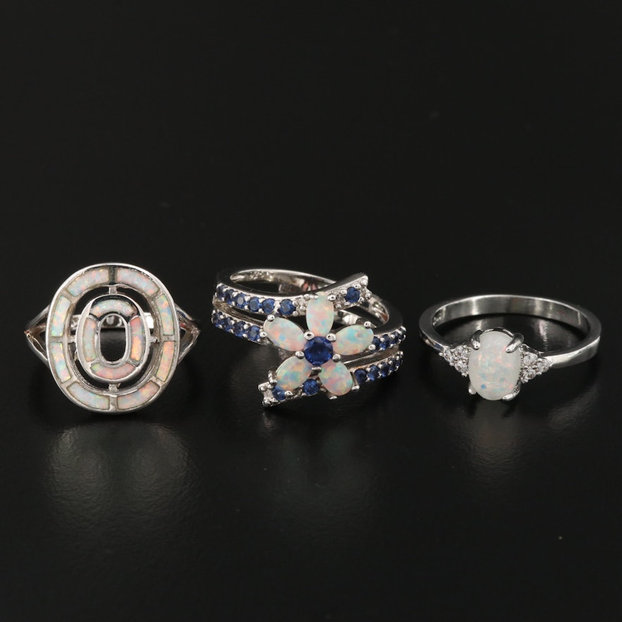Sterling Silver Opal and Cubic Zirconia Rings Including Flower Bypass Ring