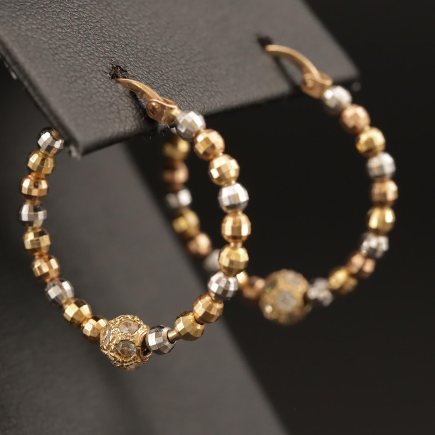 10K Tri-Gold Cubic Zirconia Beaded Hoop Earrings