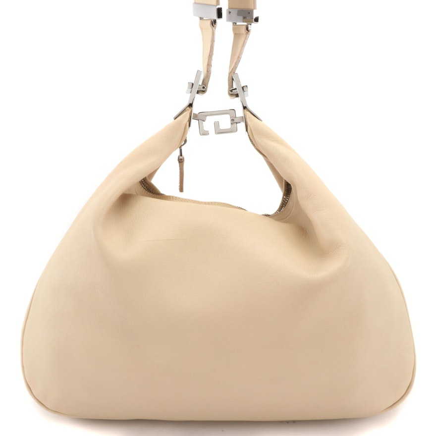 Gucci G Clasp Hobo Bag in Beige Grained Leather with Nylon Canvas Trim