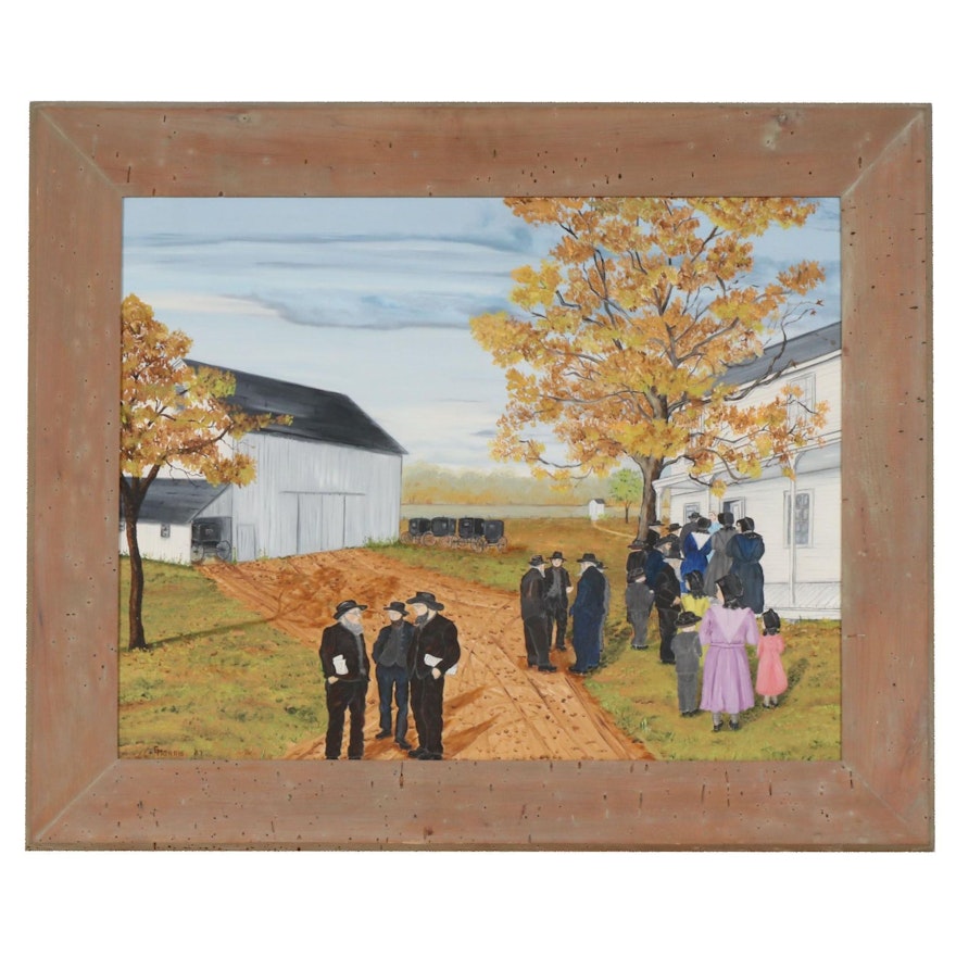 Gladys Morris Folk Art Oil Painting "Amish Church Meeting", 1967