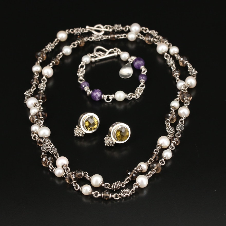 Michael Dawkins Sterling Jewelry Set with Smoky Quartz, Pearl and Amethyst