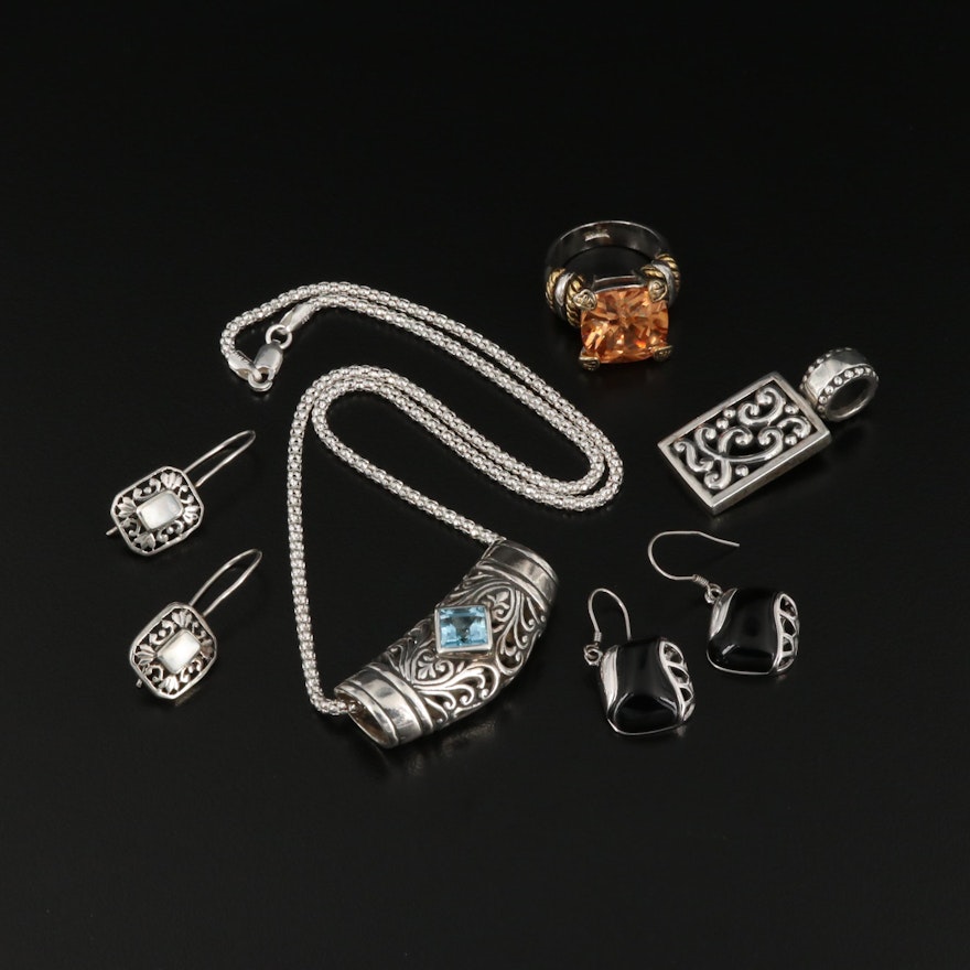 Sterling Silver Blue Topaz and Mother Of Pearl Jewelry Collection