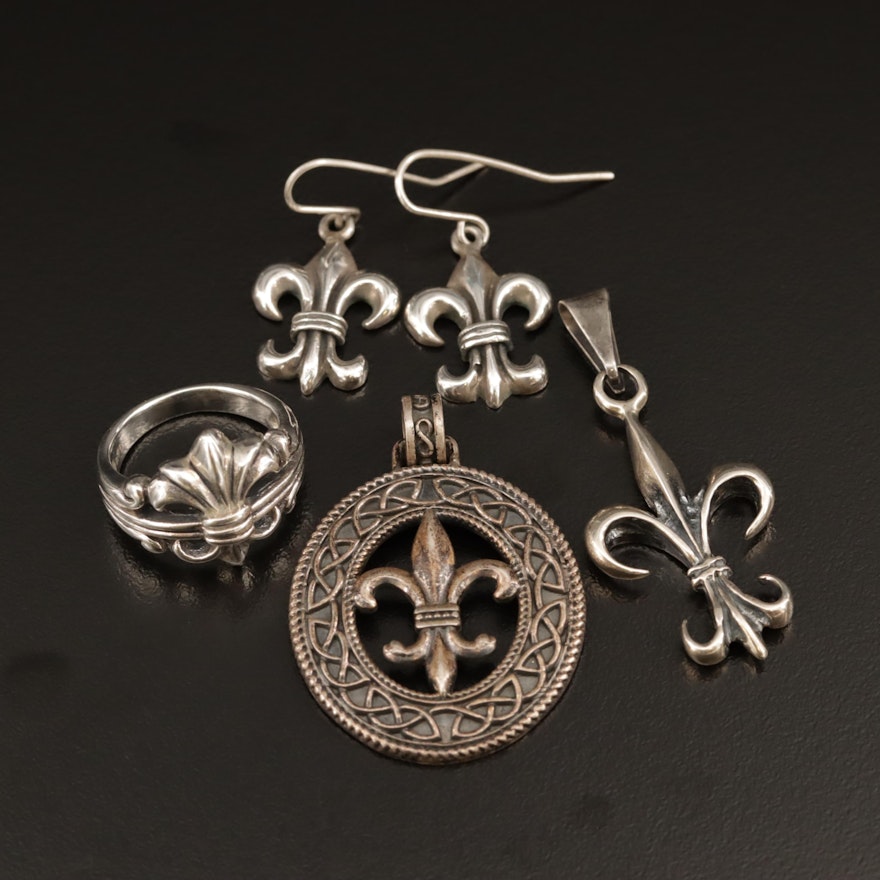 Sterling Fleur de Lis Ring, Pendant and Earrings