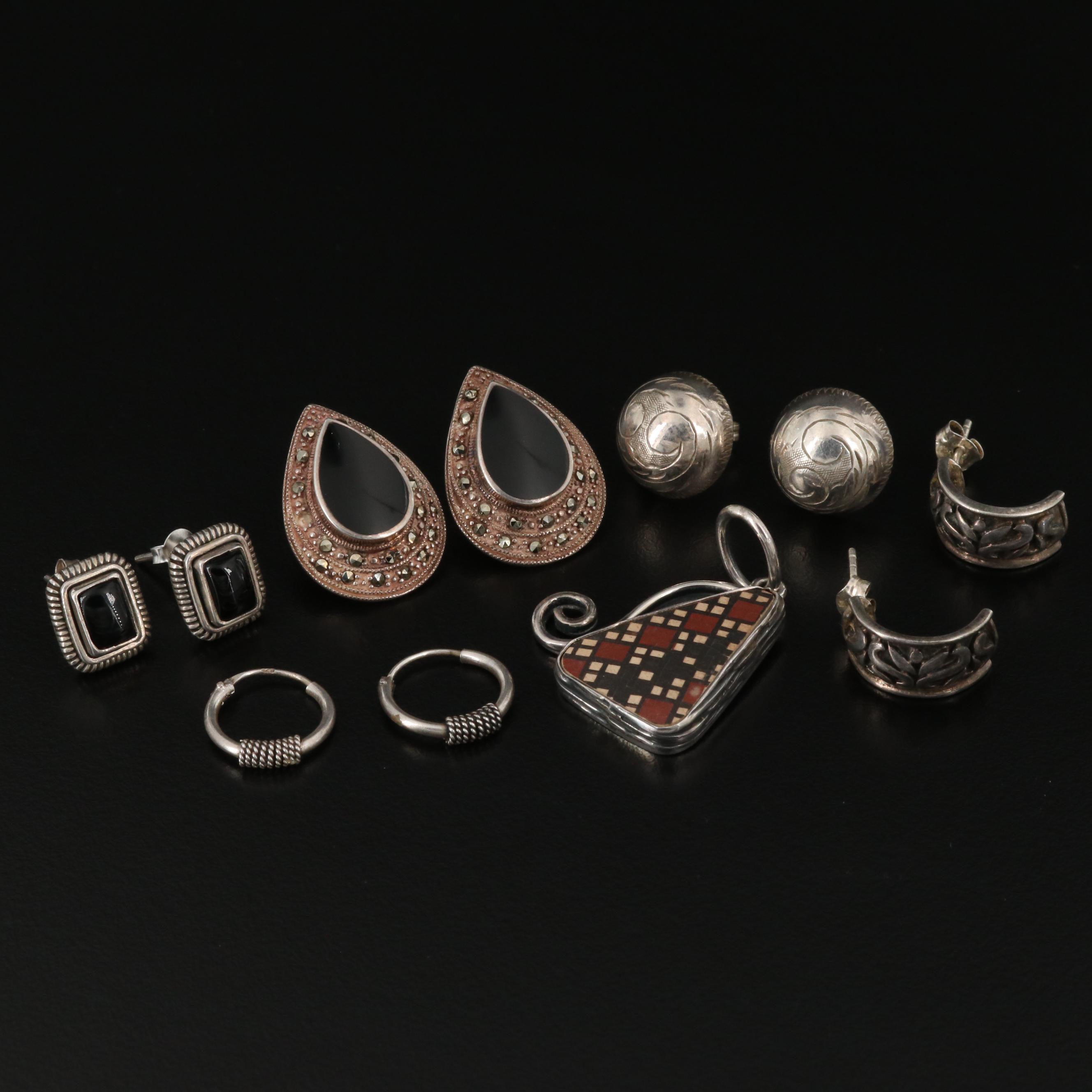 Sterling and 950 Silver Assorted Earrings and Mata Ortiz Pottery Shard Pendant