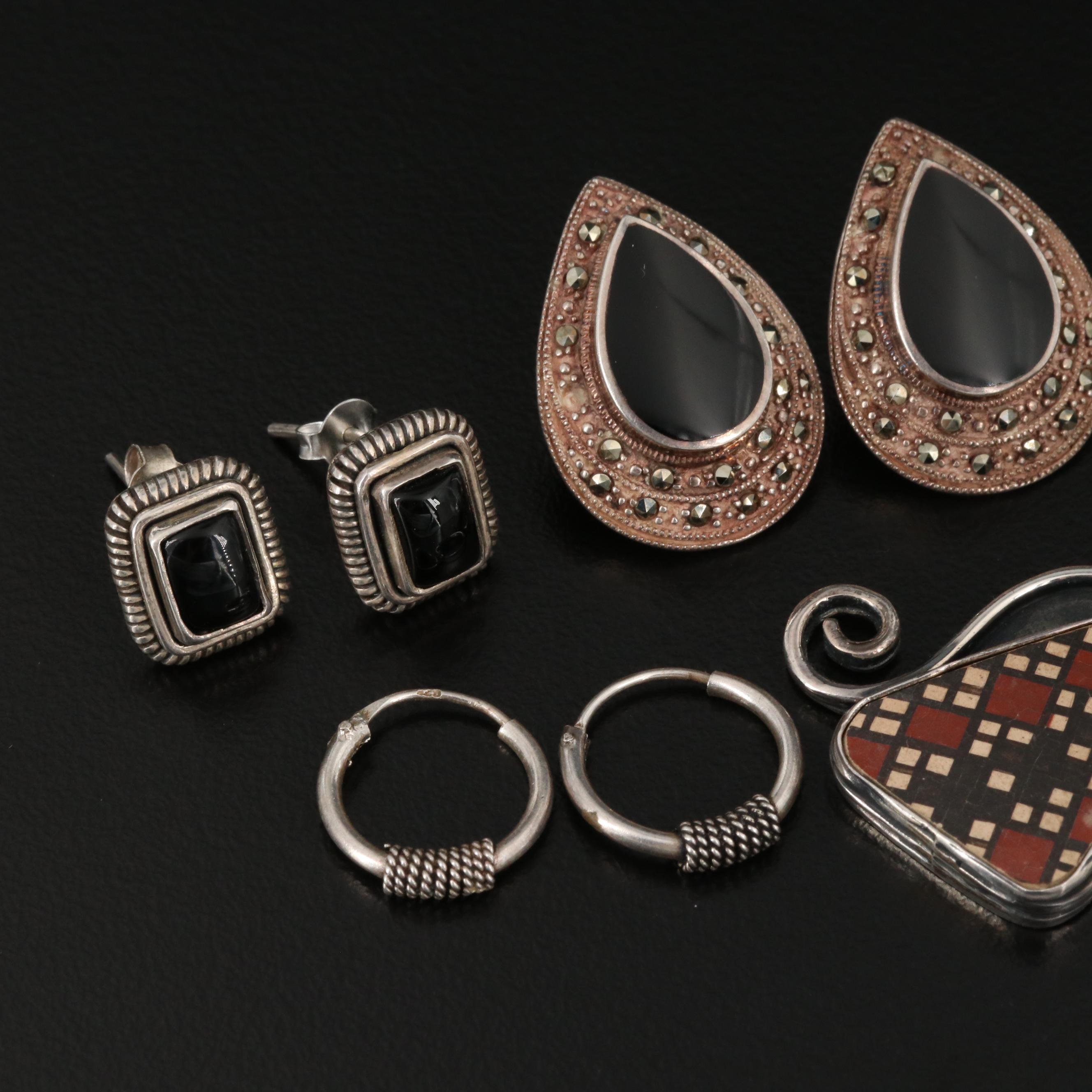 Sterling and 950 Silver Assorted Earrings and Mata Ortiz Pottery Shard Pendant