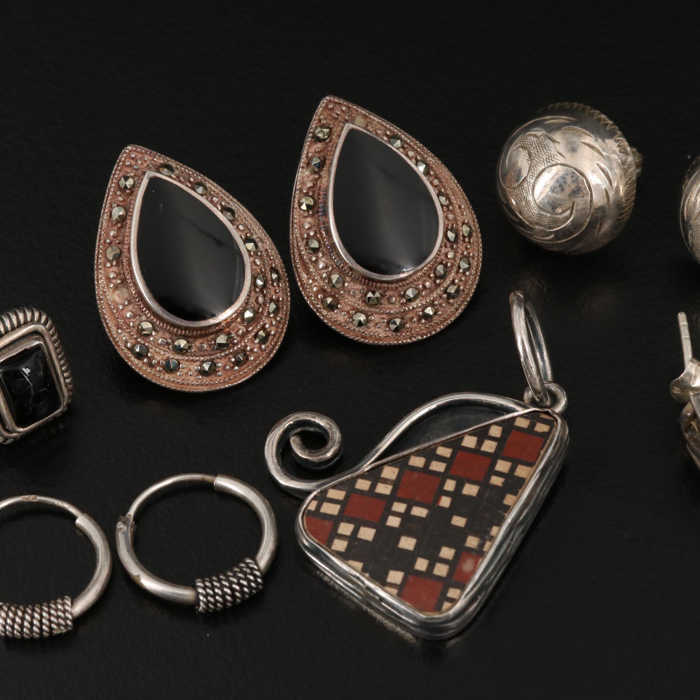 Sterling and 950 Silver Assorted Earrings and Mata Ortiz Pottery Shard Pendant