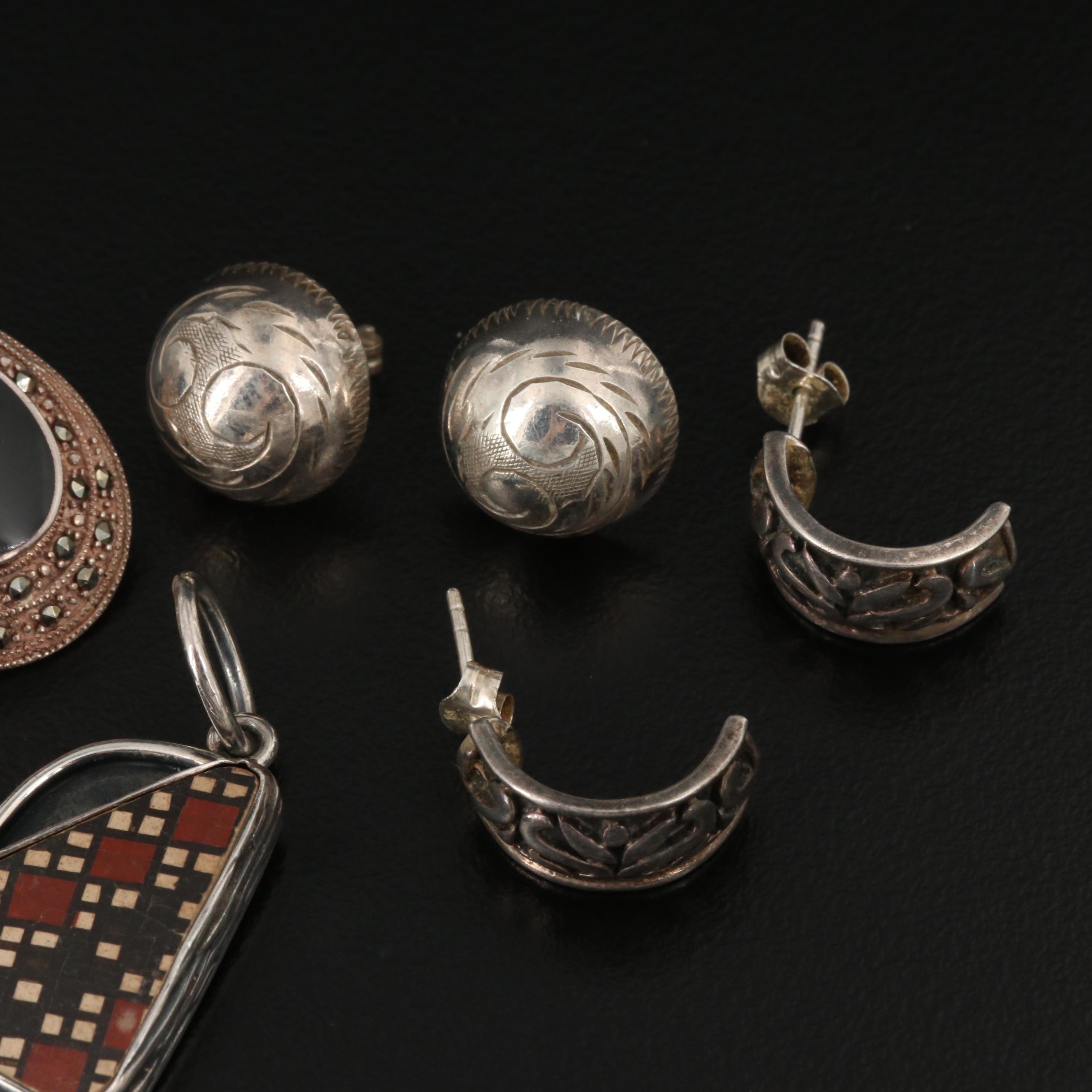 Sterling and 950 Silver Assorted Earrings and Mata Ortiz Pottery Shard Pendant