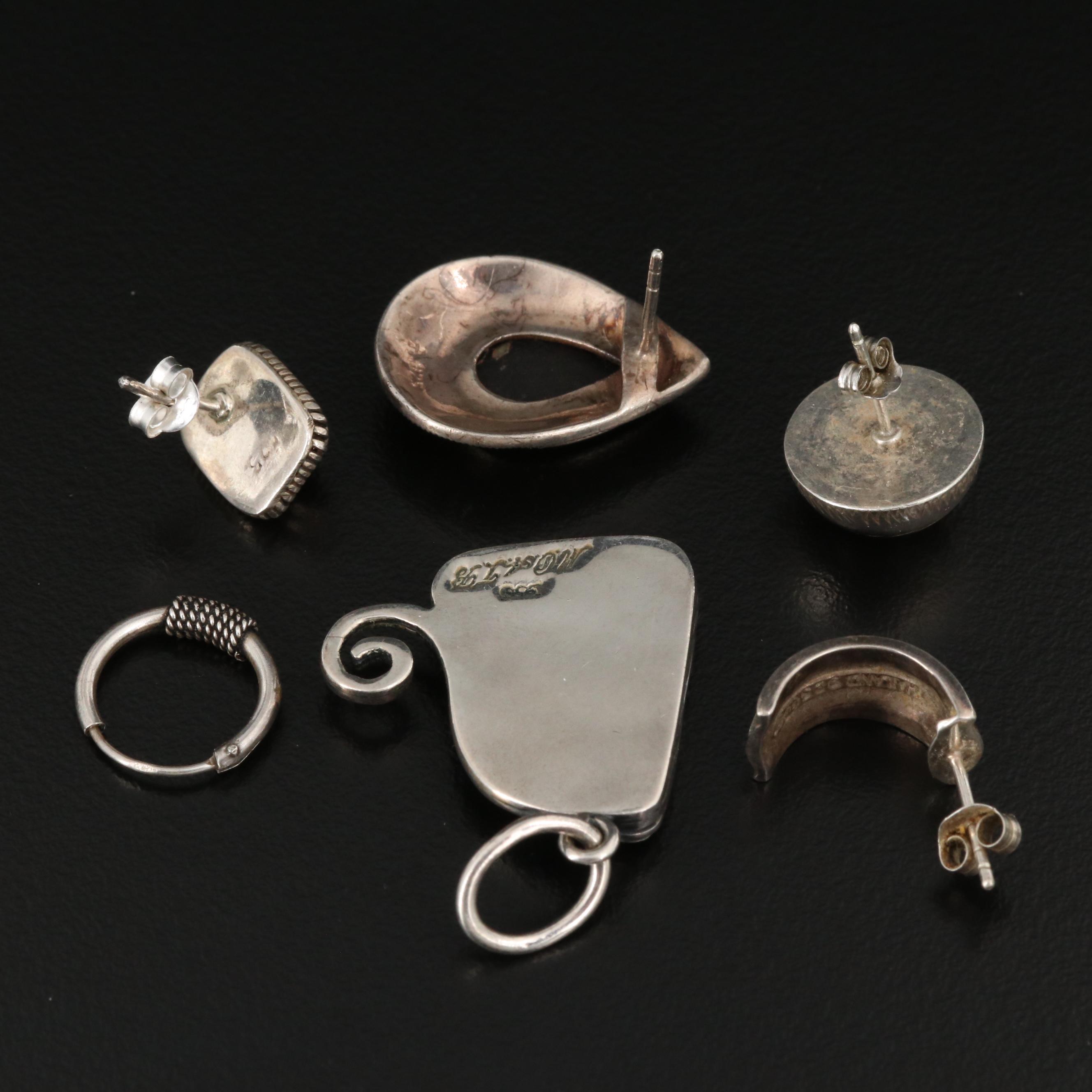 Sterling and 950 Silver Assorted Earrings and Mata Ortiz Pottery Shard Pendant