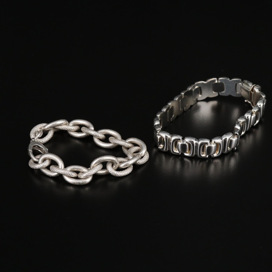 Sterling Silver Textured Cable Link and Fancy Link Bracelets