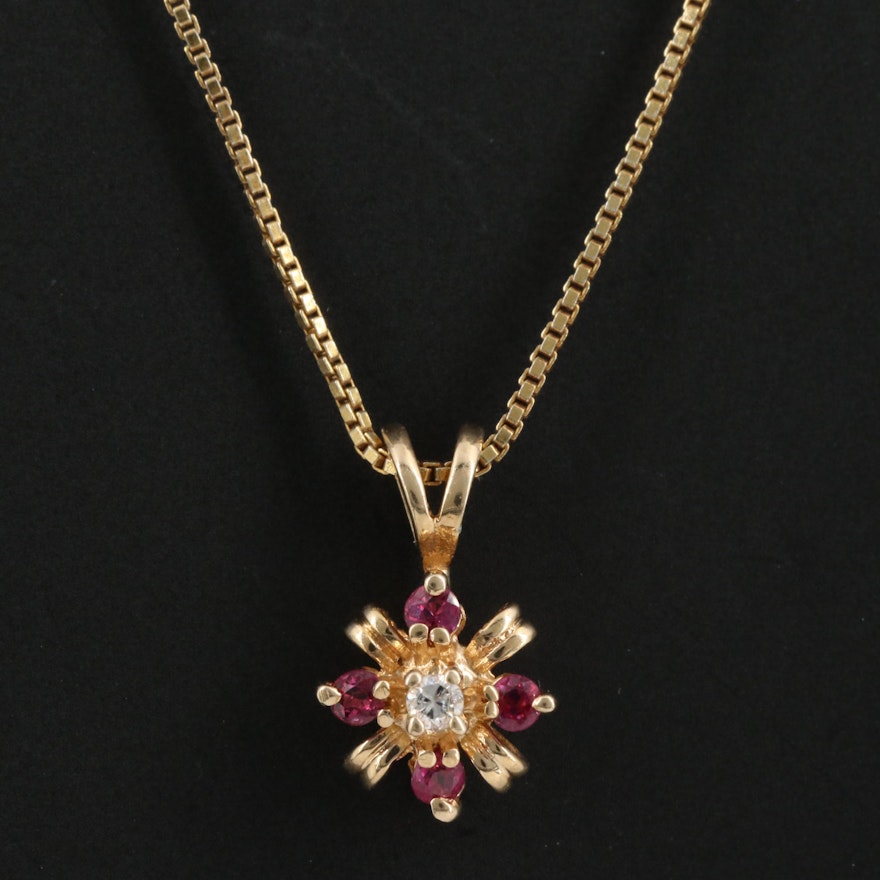 14K Diamond and Ruby Pendant on Sterling Box Chain