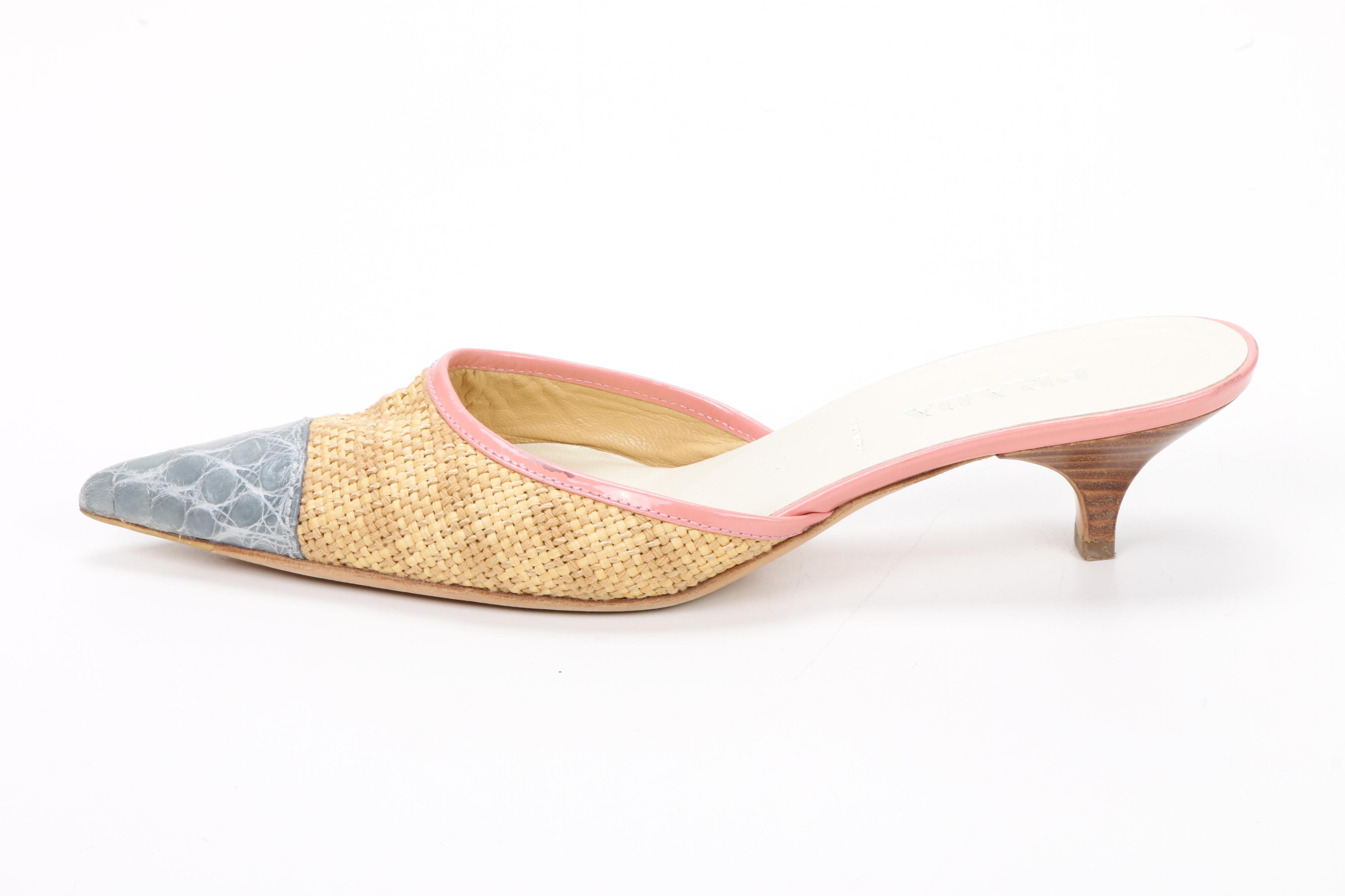 Prada Woven Raffia, Pink Leather and Grey Alligator Skin Kitten Heel Mules