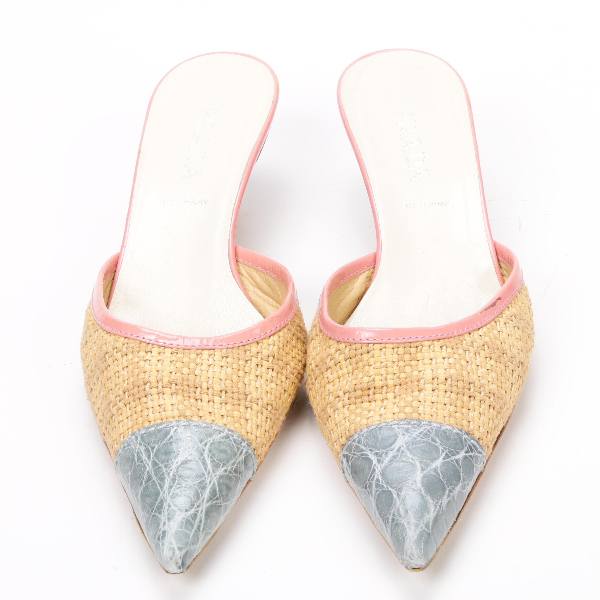 Prada Woven Raffia, Pink Leather and Grey Alligator Skin Kitten Heel Mules