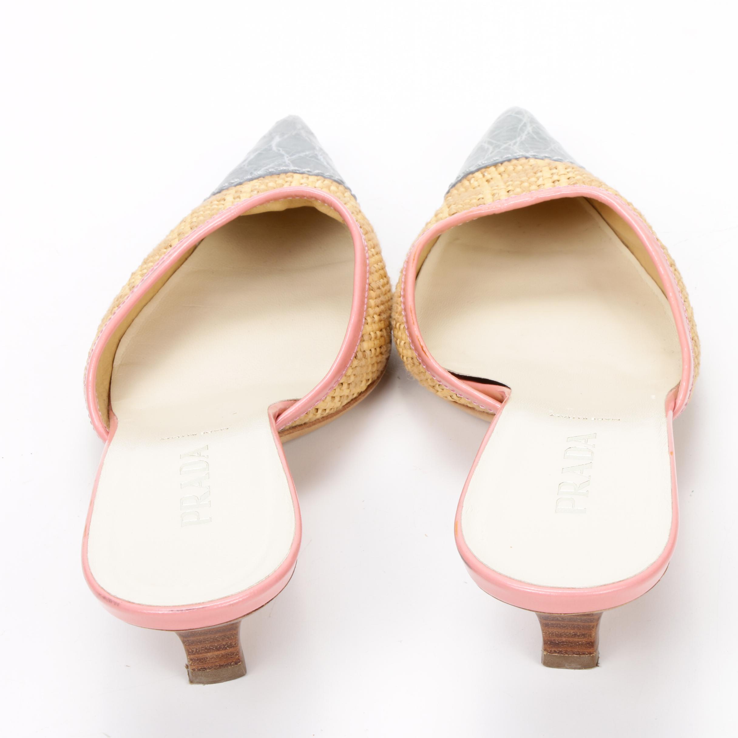 Prada Woven Raffia, Pink Leather and Grey Alligator Skin Kitten Heel Mules