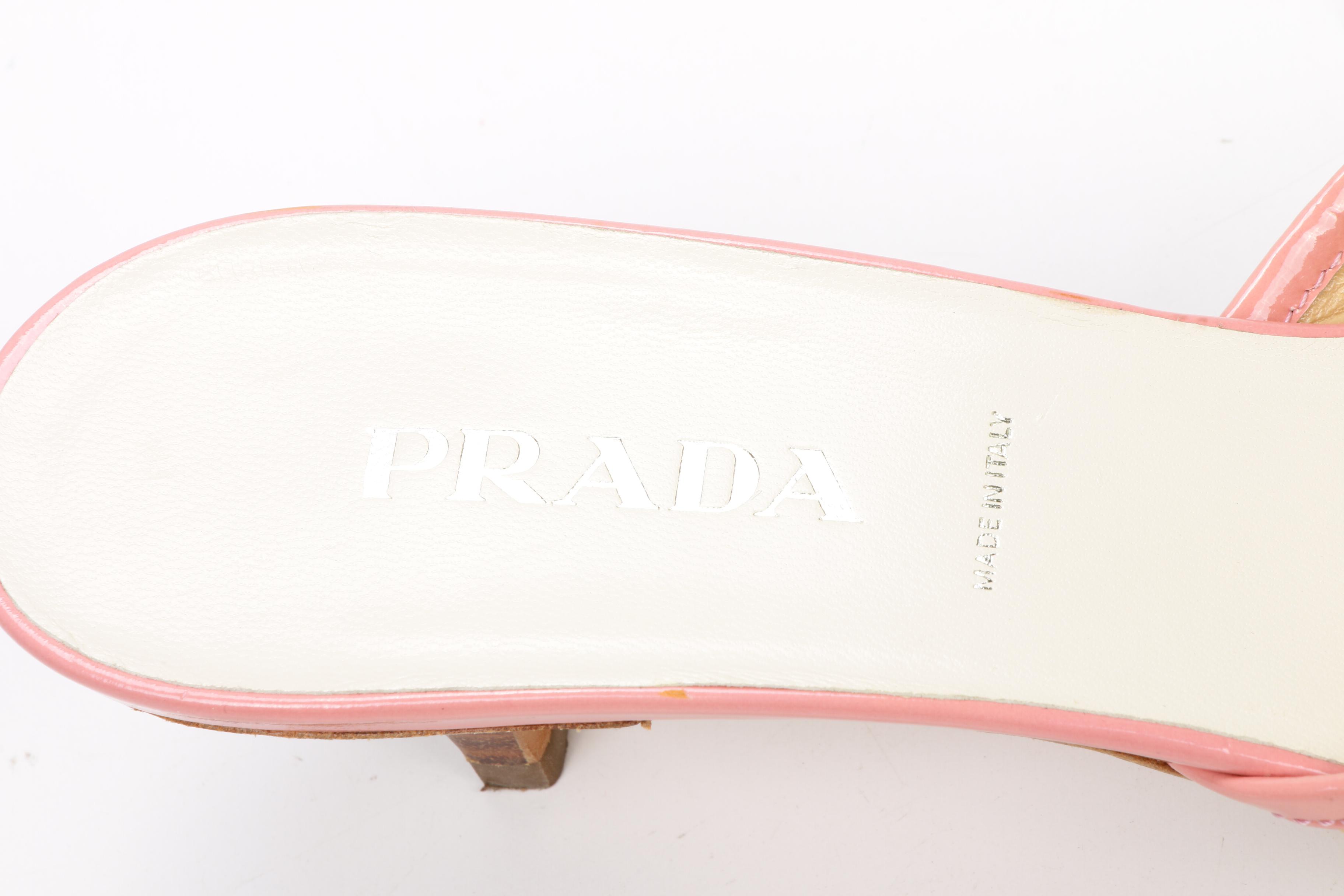 Prada Woven Raffia, Pink Leather and Grey Alligator Skin Kitten Heel Mules