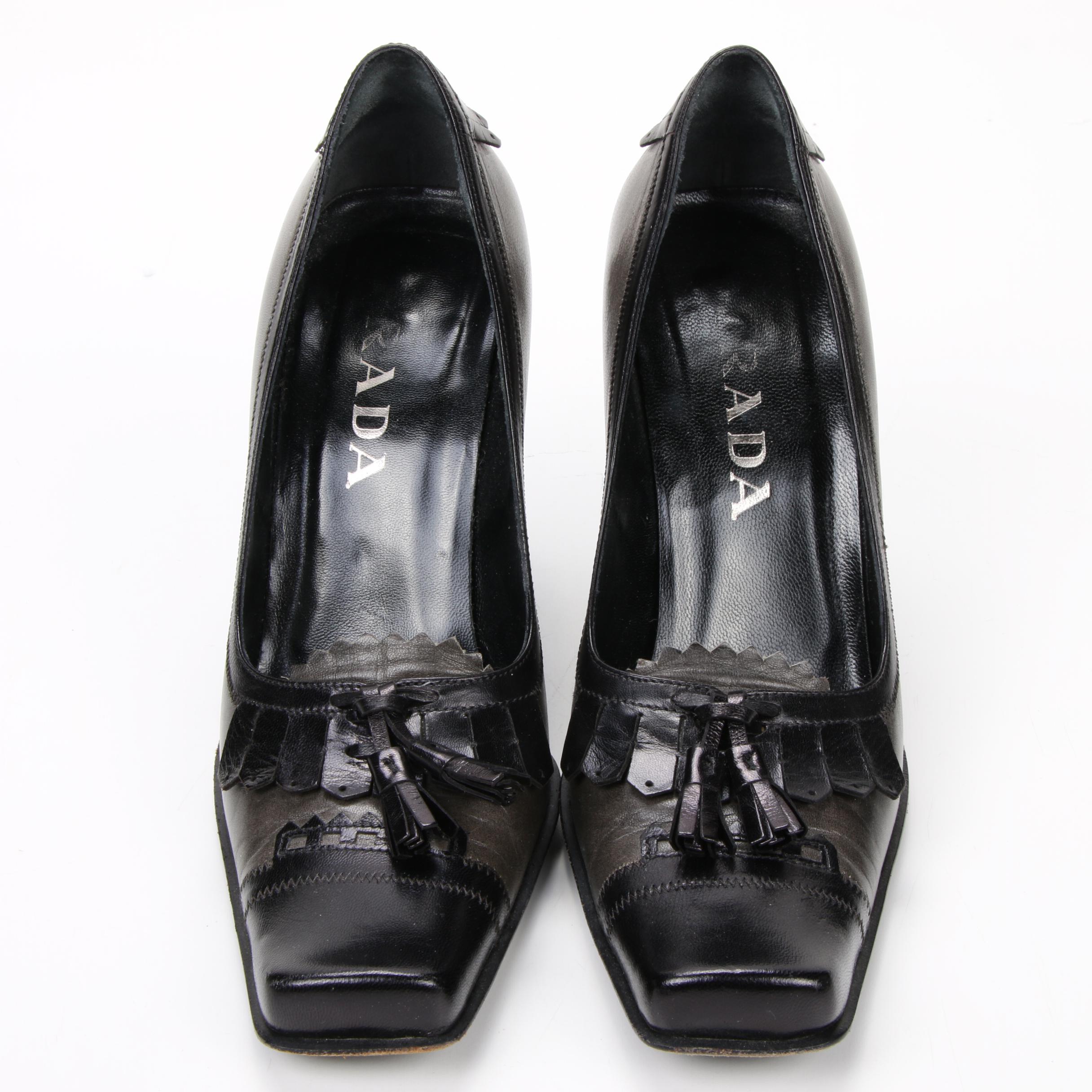 Prada Square-Toe Tassel Pumps in Grey and Black Leather