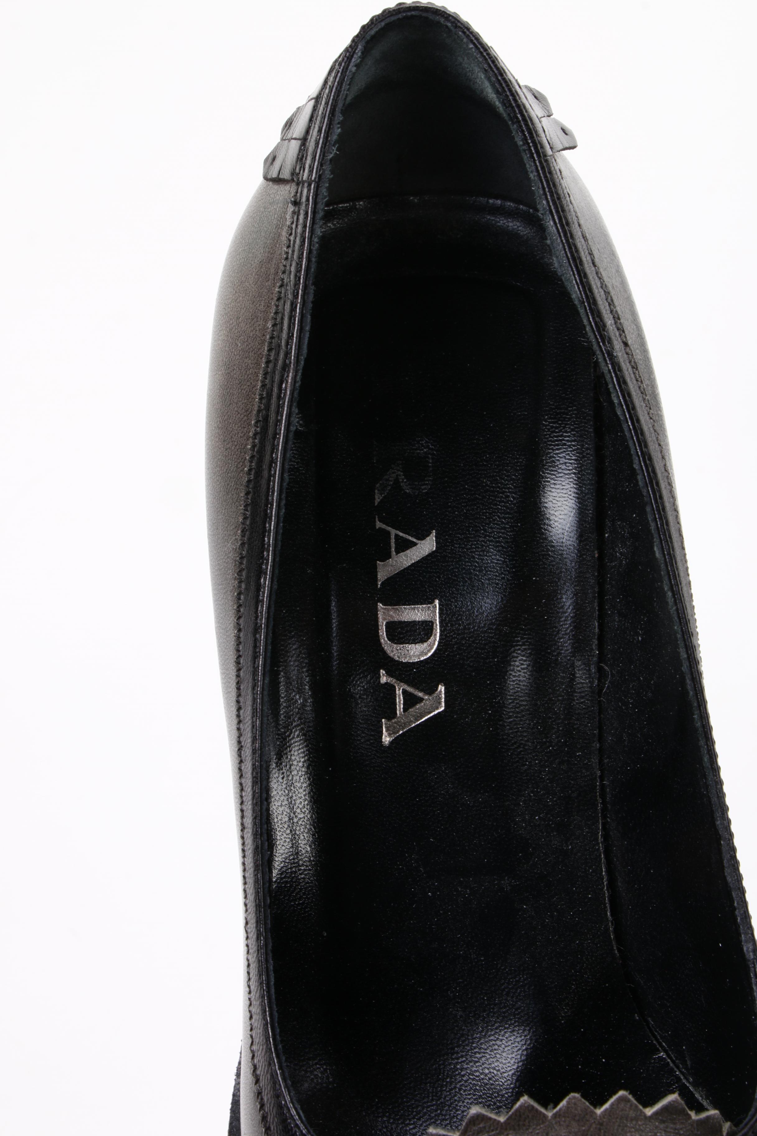Prada Square-Toe Tassel Pumps in Grey and Black Leather