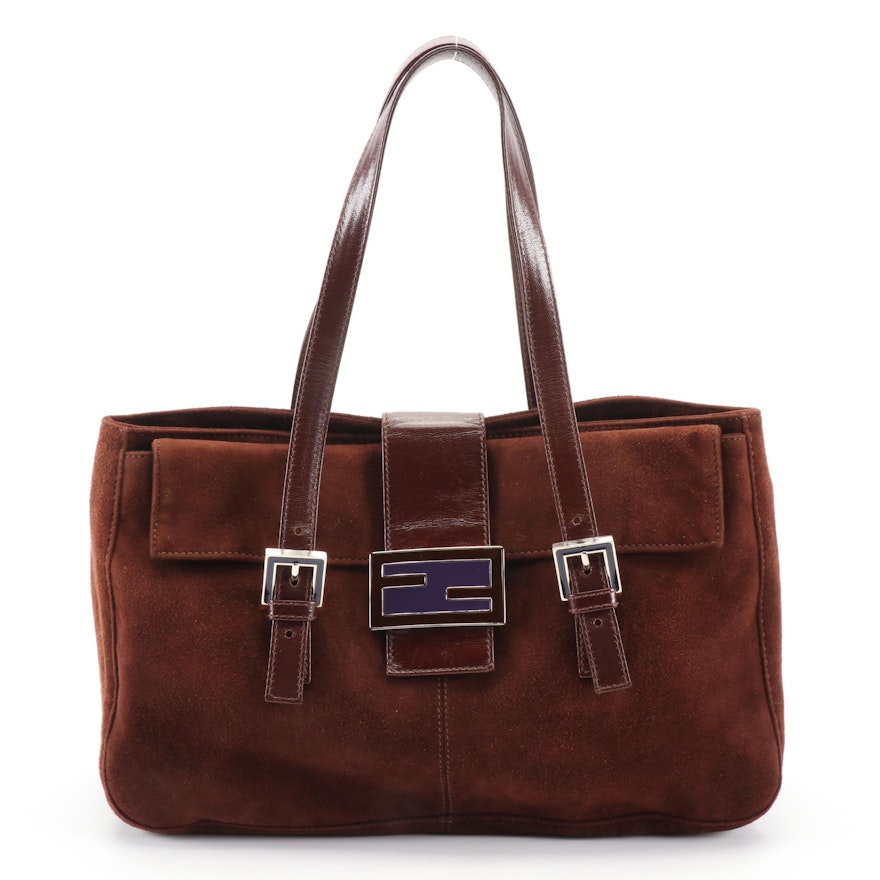 Fendi Shoulder Bag in Dark Brown Suede with Leather Trim and Enamel FF Logo