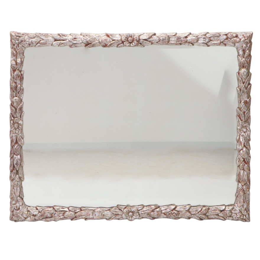 Silver Tone Painted Wood Foliate Wall Mirror