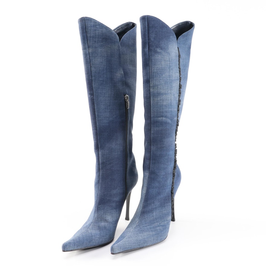 Casadei Chambray Style Knee-High Boots with Black Ruffle Trim