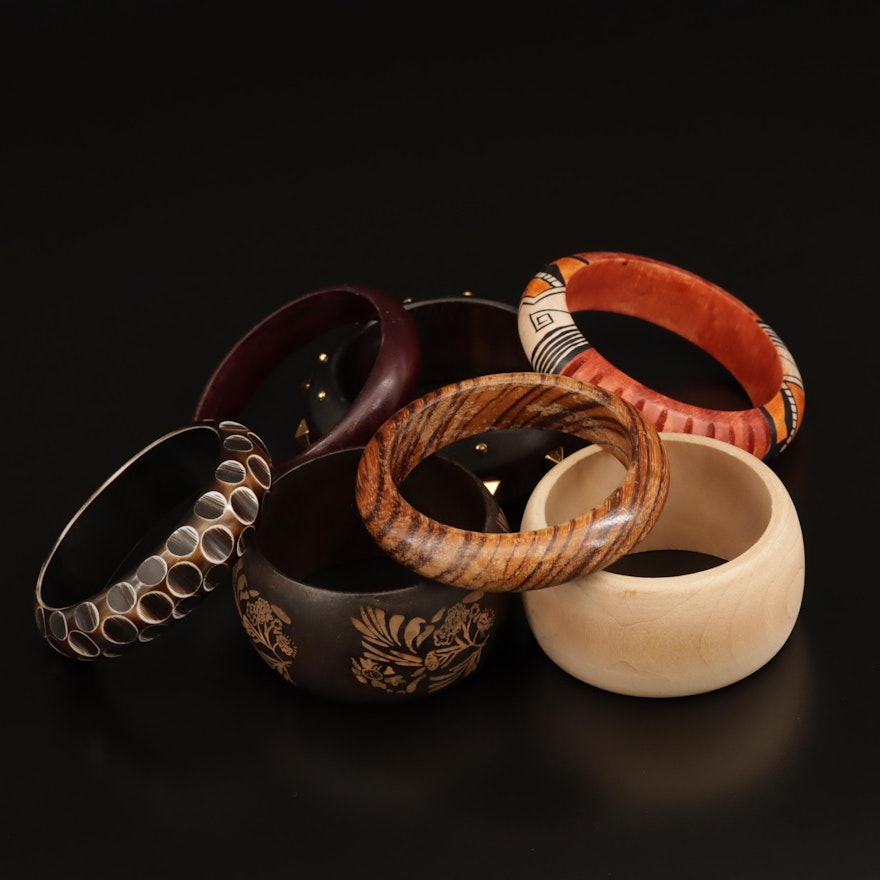 Selection of Wooden Bangles with Carved and Painted Designs