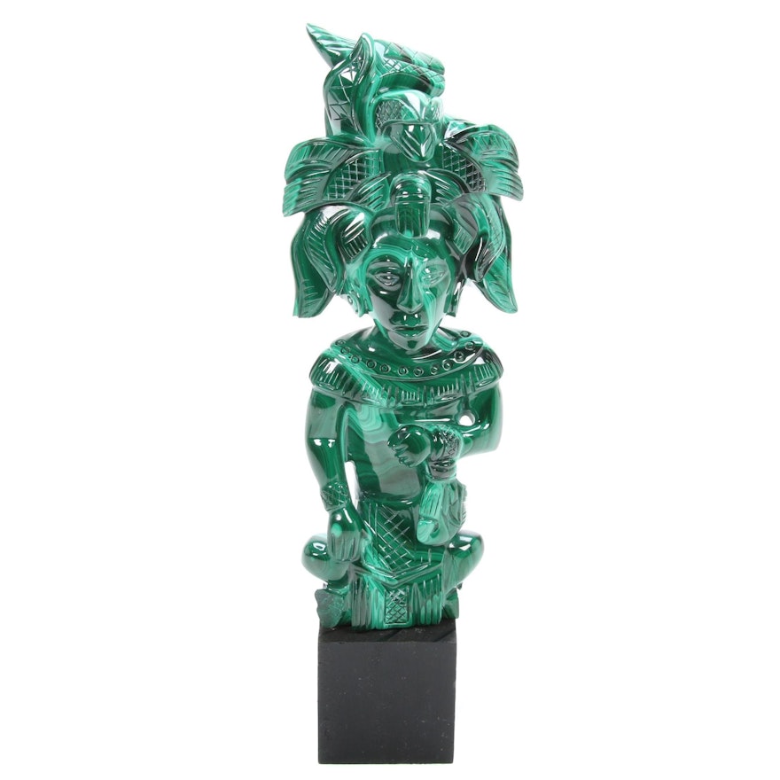 Mayan Style Carved Malachite Statuette with Wood Base