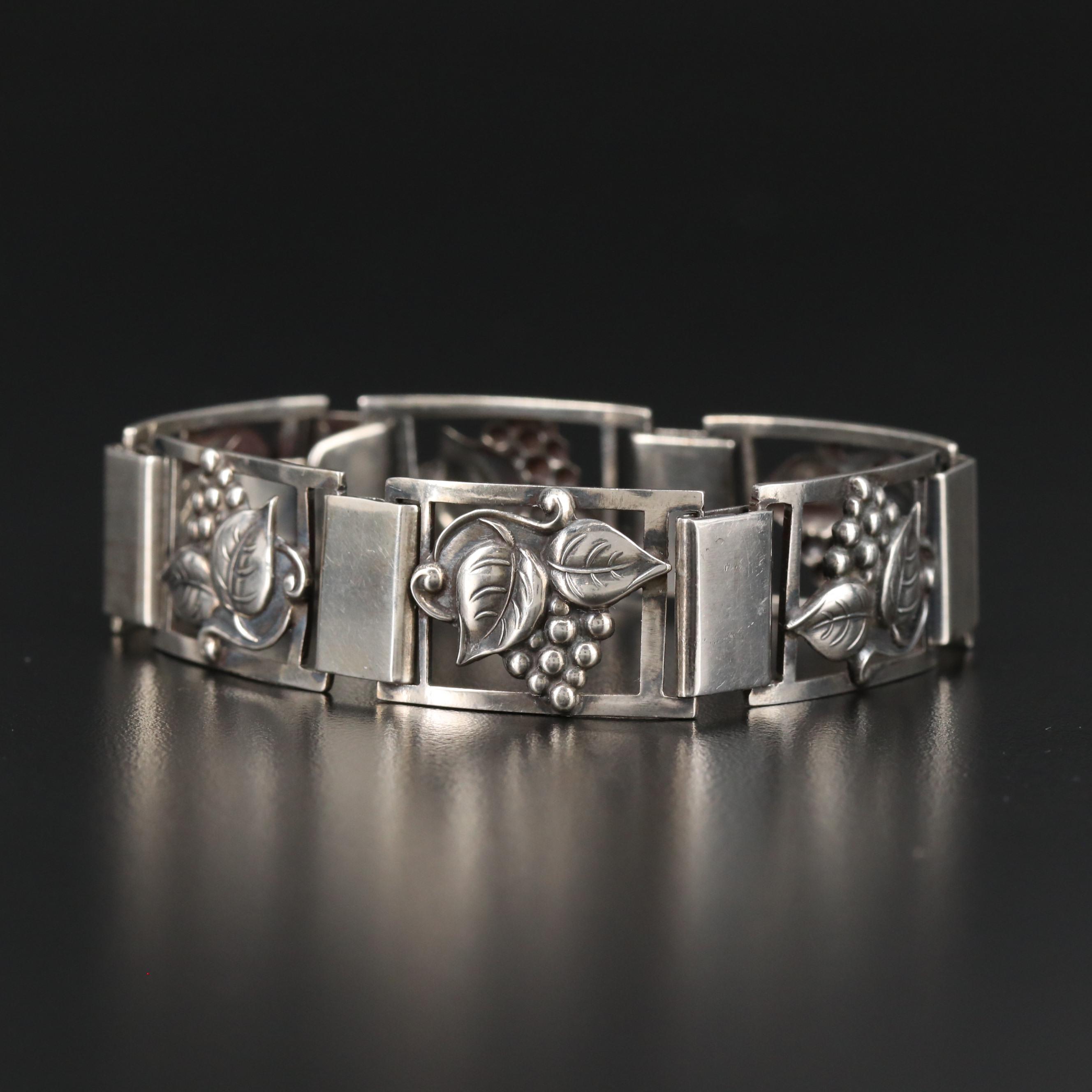 Vintage 835 Silver Grape Motif Panel Bracelet