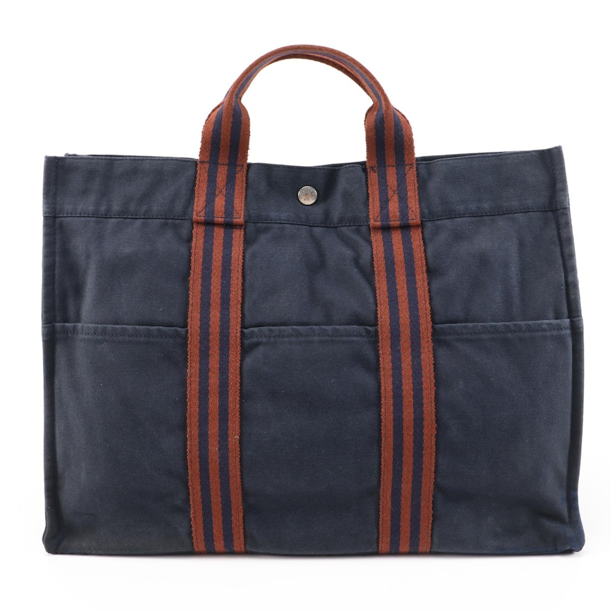 Hermès Paris Fourre Tout GM Tote in Navy and Striped Canvas