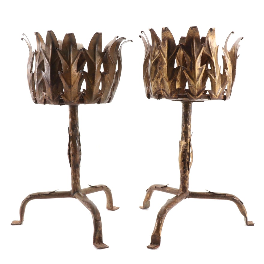 Pair of Italian Gilt Metal Acanthus Leaf Low Plant Stands, Mid-20th Century