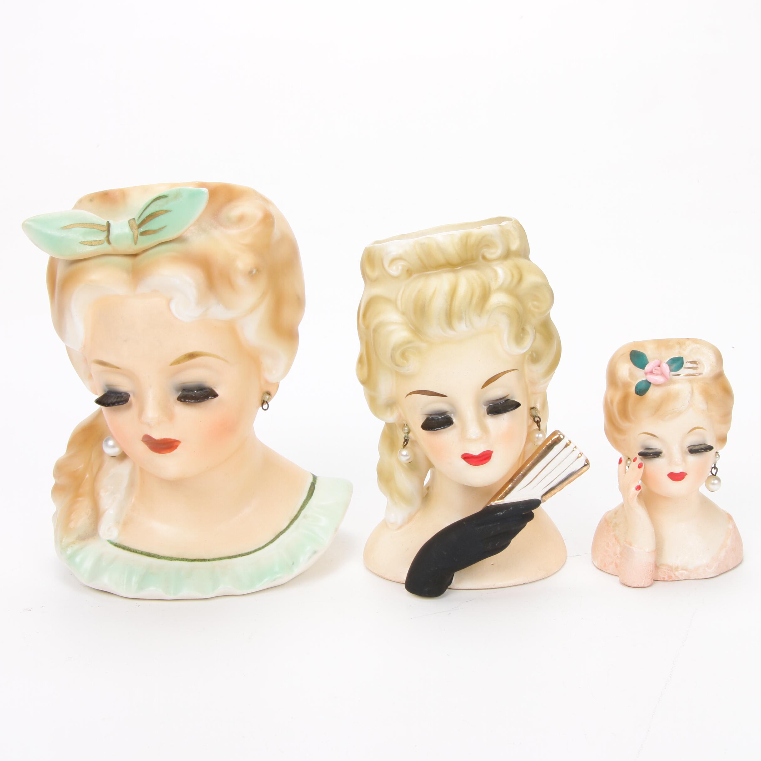 Three Inarco Ceramic Lady Head Vases, Mid-20th Century