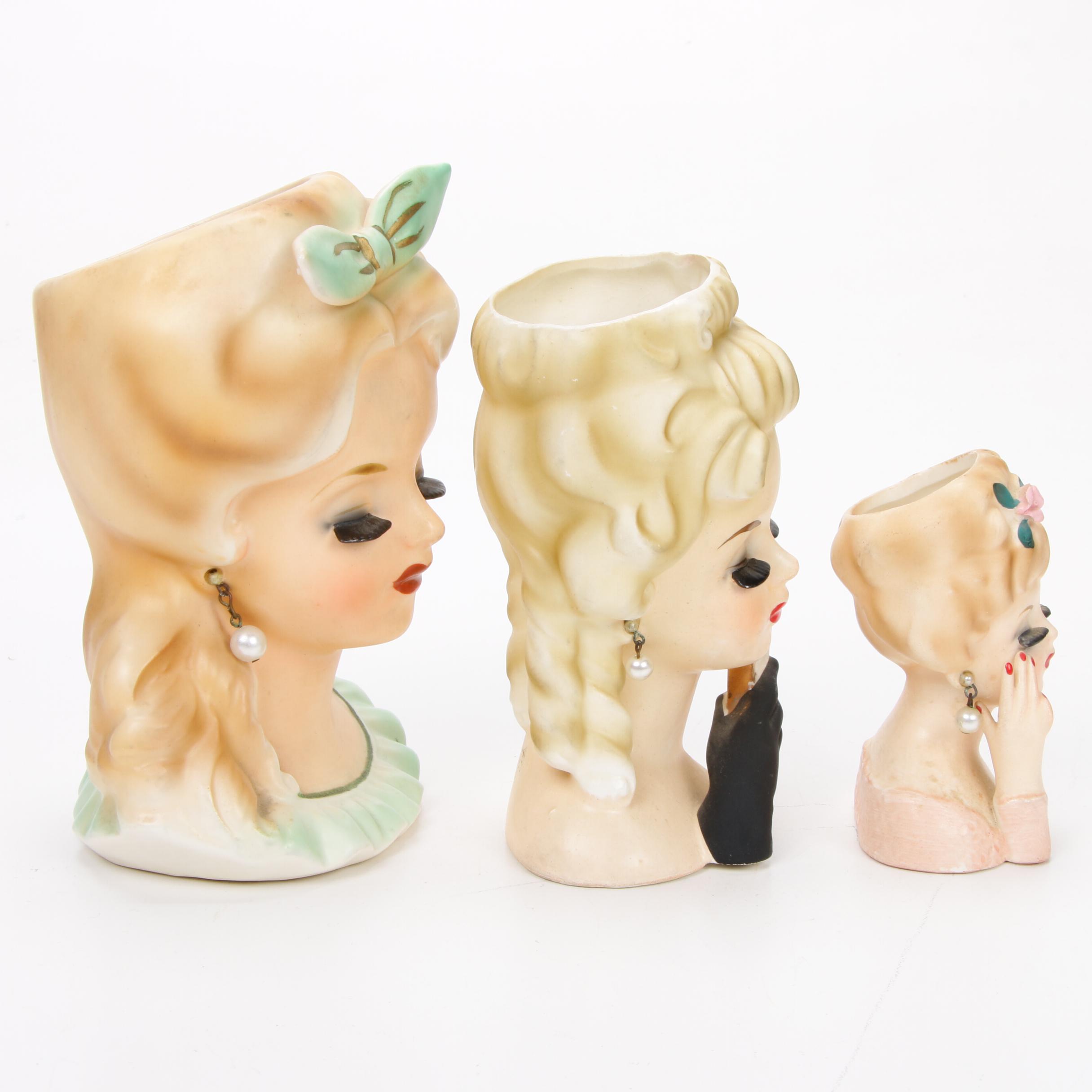 Three Inarco Ceramic Lady Head Vases, Mid-20th Century