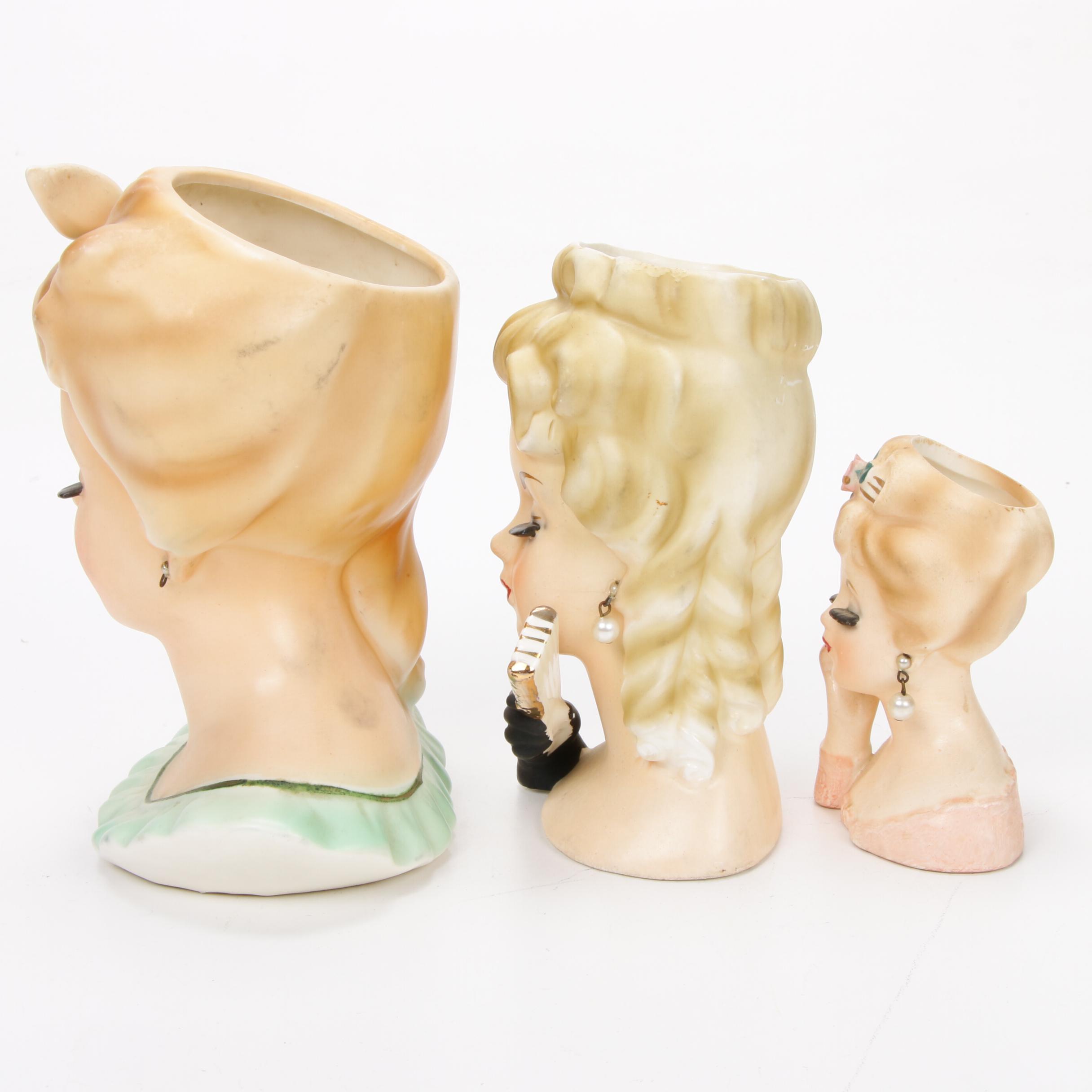Three Inarco Ceramic Lady Head Vases, Mid-20th Century