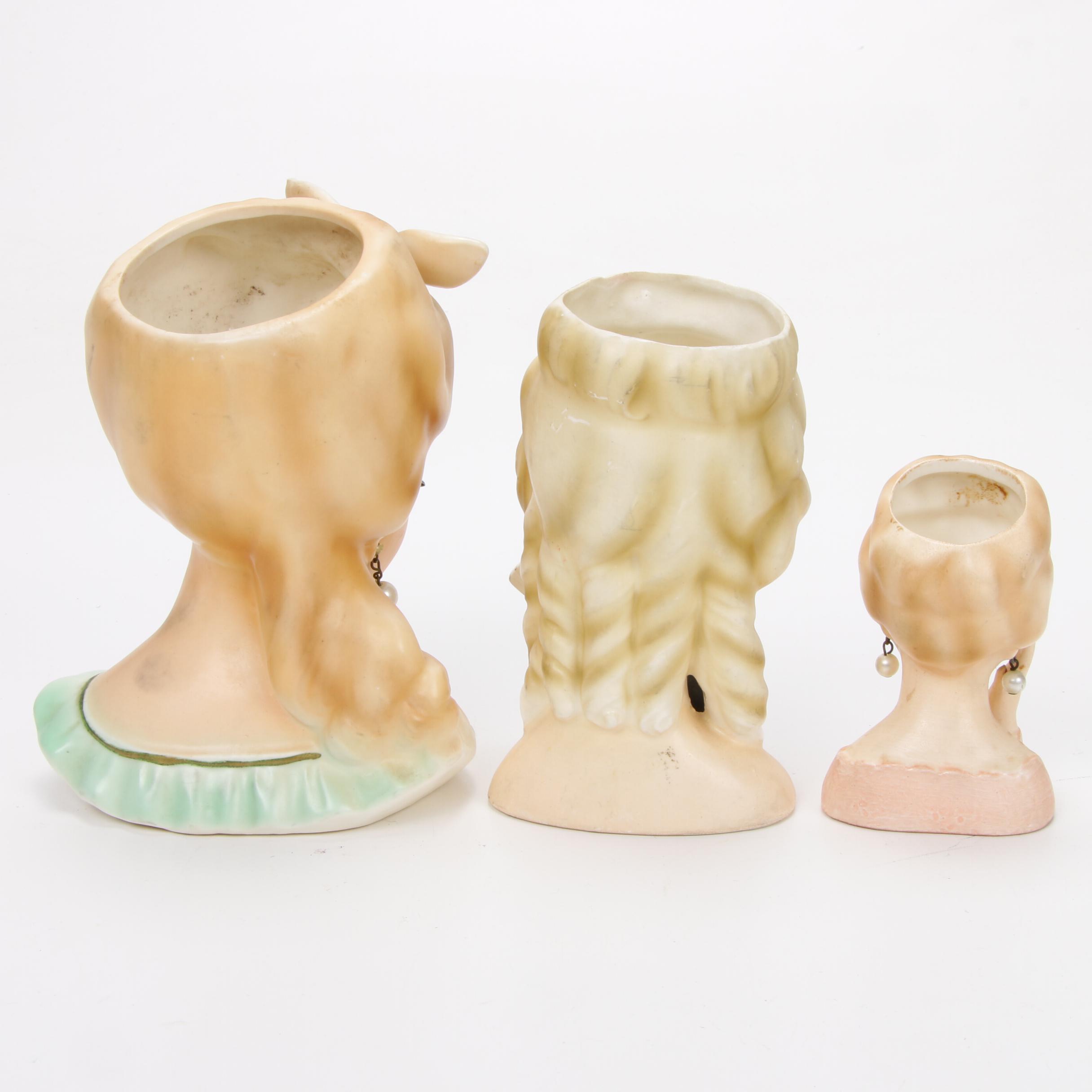 Three Inarco Ceramic Lady Head Vases, Mid-20th Century