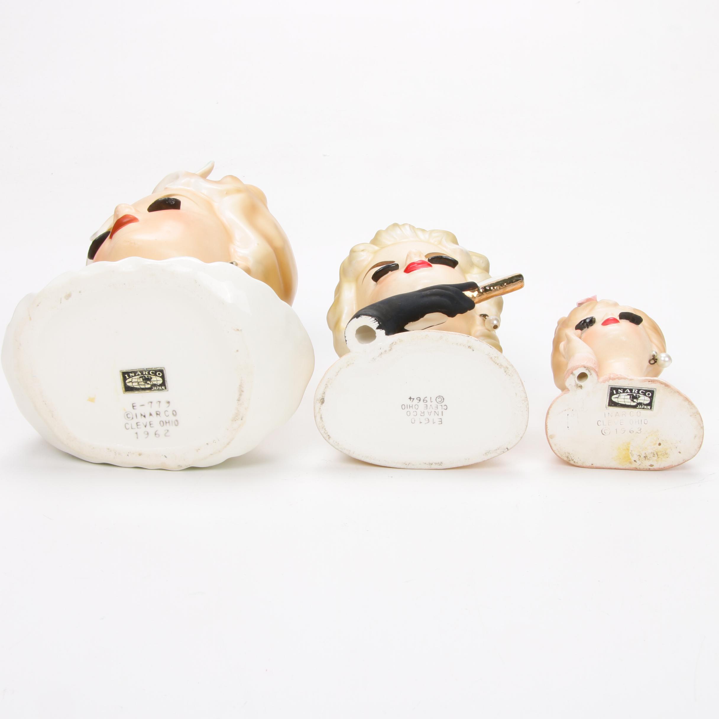 Three Inarco Ceramic Lady Head Vases, Mid-20th Century