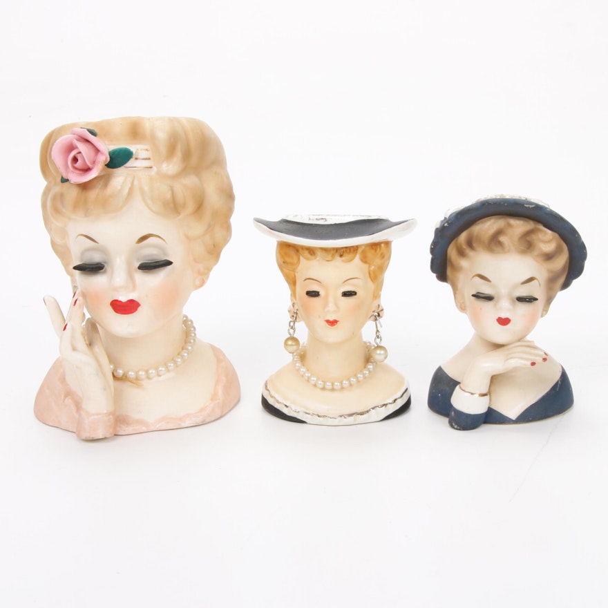 Three Ceramic Lady Head Vases Including Inarco, Mid-20th Century