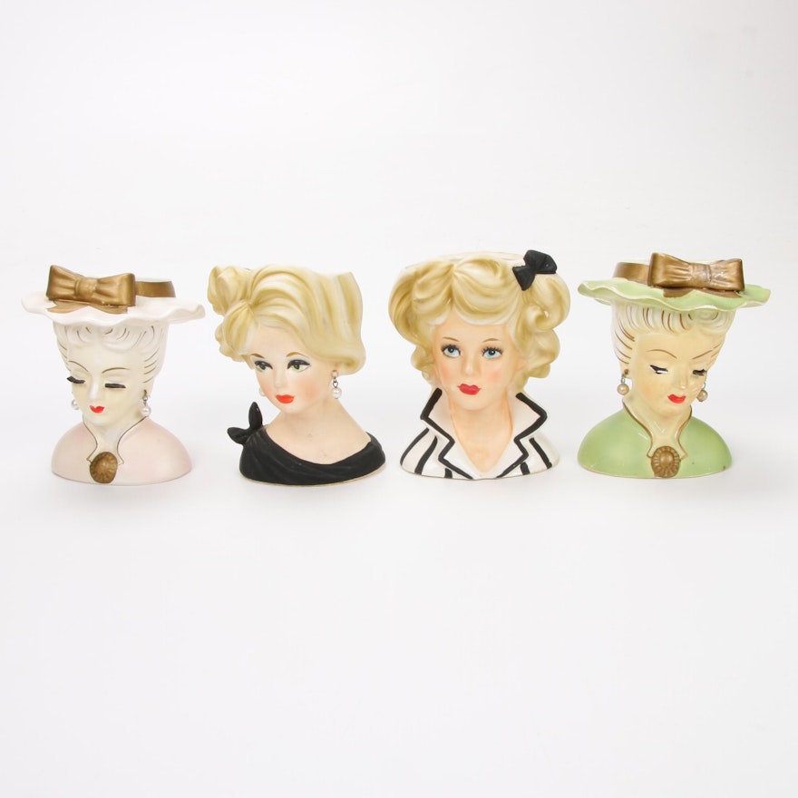 Four Ceramic Lady Head Vases Including Relpo, Mid-20th Century