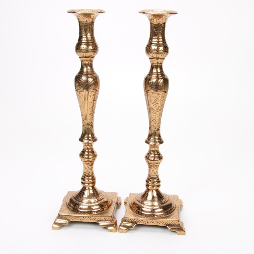 Engraved Bronze Candlesticks, Pair