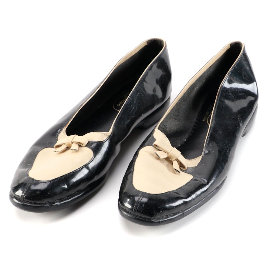 Belgian Shoes Black and Beige Patent Leather Loafers with Bow
