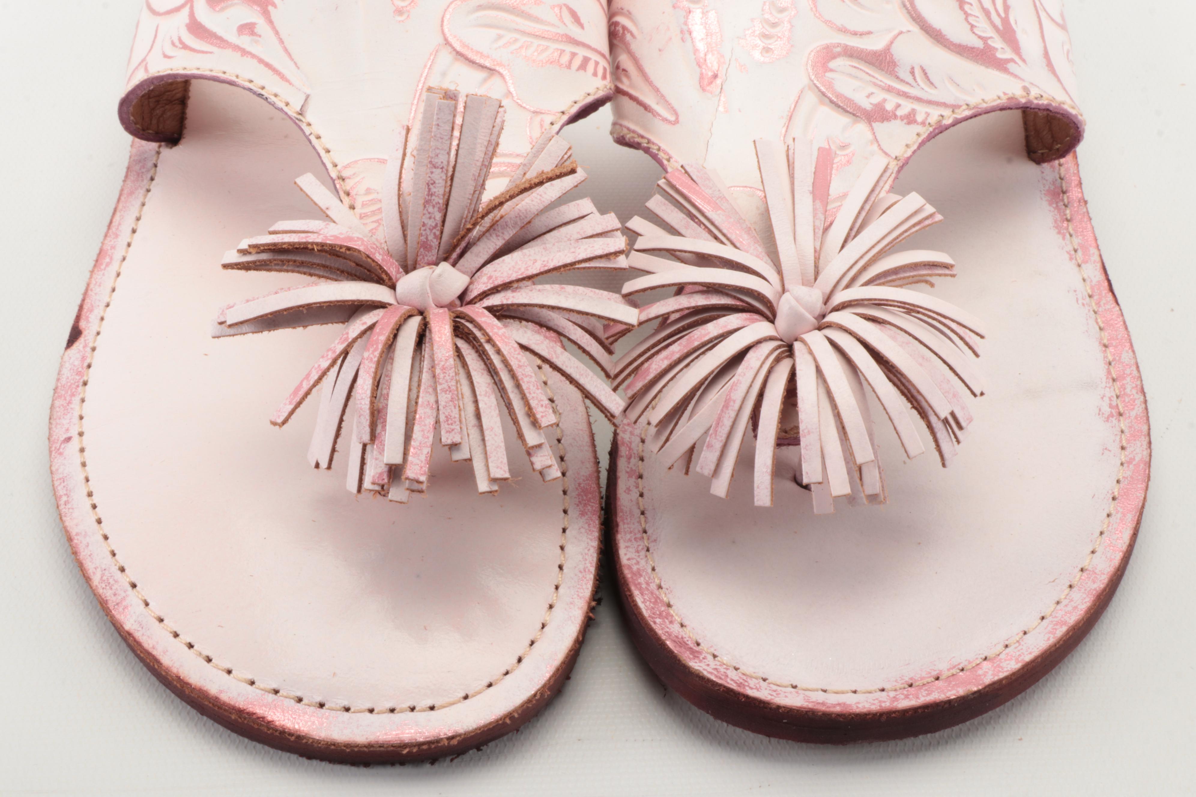 Patricia Nash Franca Pink Leather Pom-Pom Casual Slide Sandals