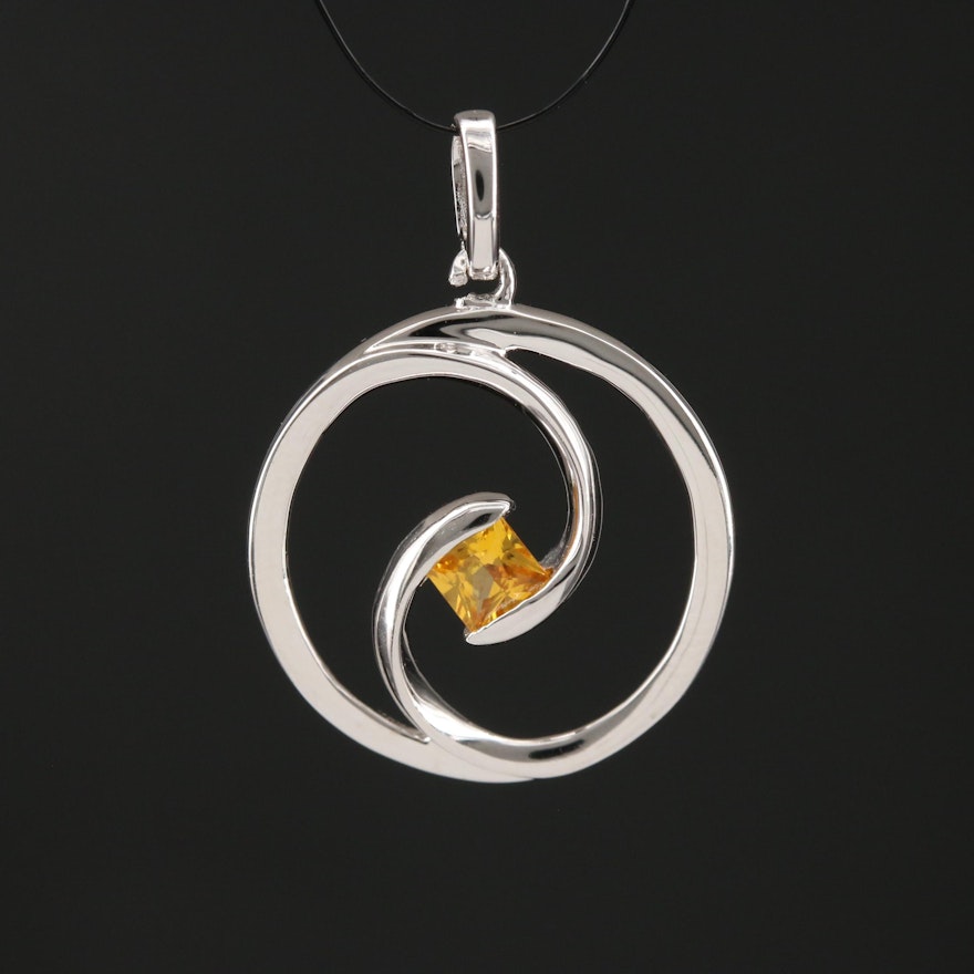 Sterling Silver Swirl Yellow Sapphire Solitaire Pendant