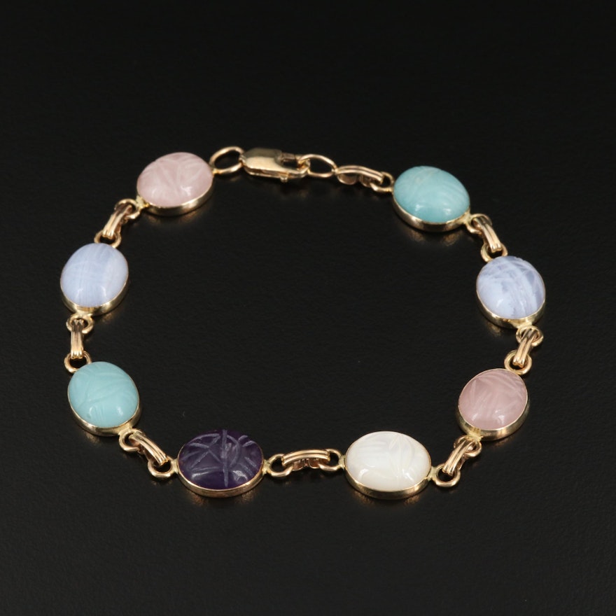 14K Gemstone Scarab Bracelet Including Rose Quartz and Mother of Pearl