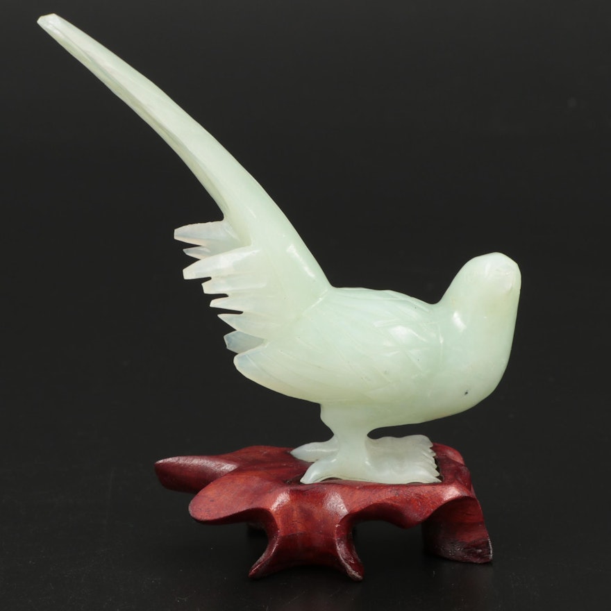 Chinese Carved Bowenite Bird Figurine with Wood Base