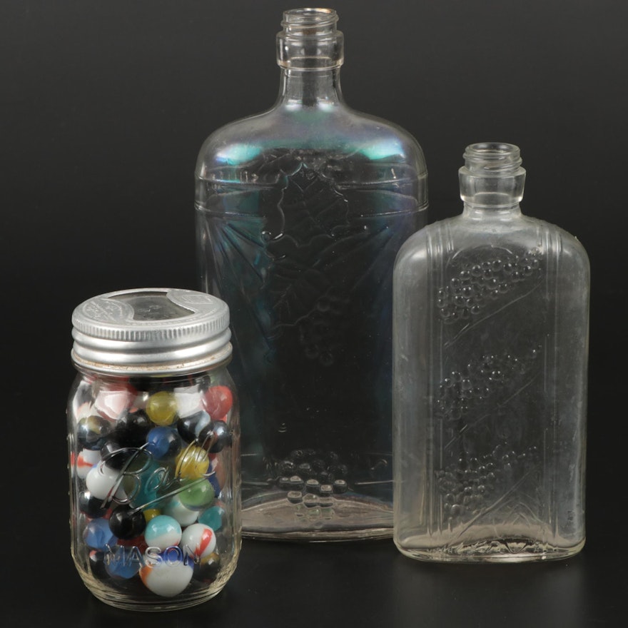 Pressed Glass Wine Bottles and Jar of Glass Marbles