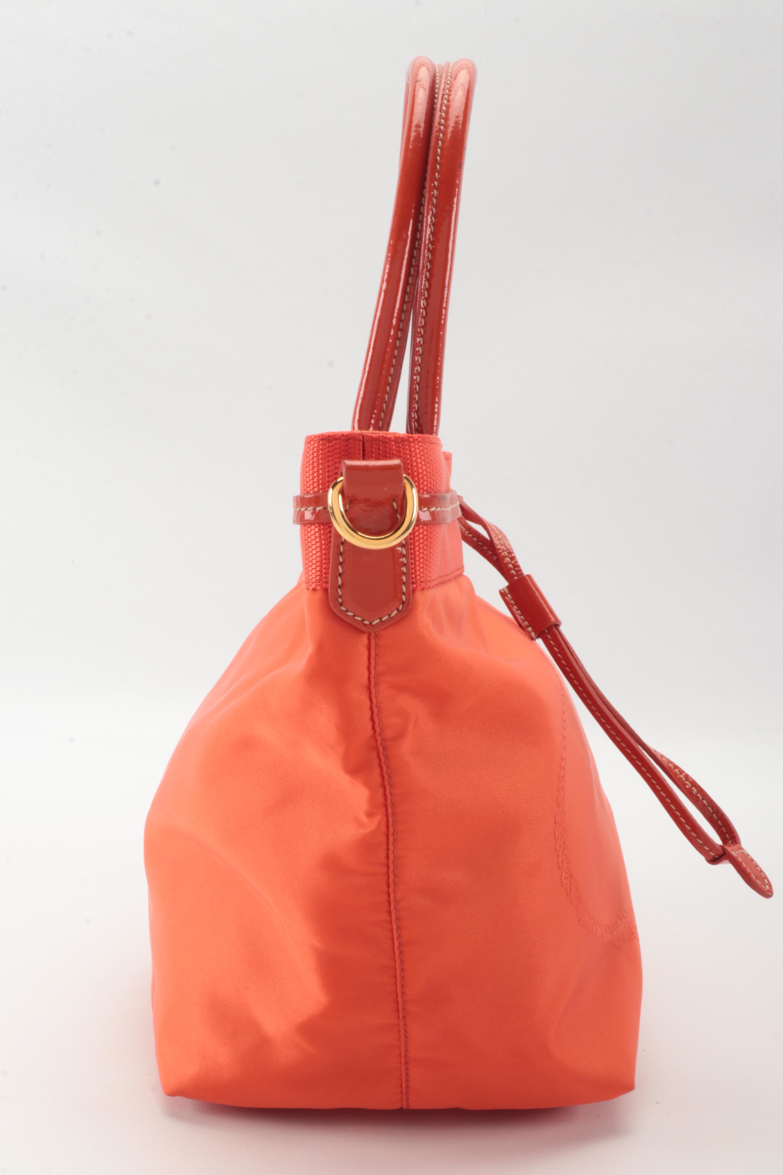 Prada Orange Large Print Logo Tessuto Canvas and Patent Leather Tote