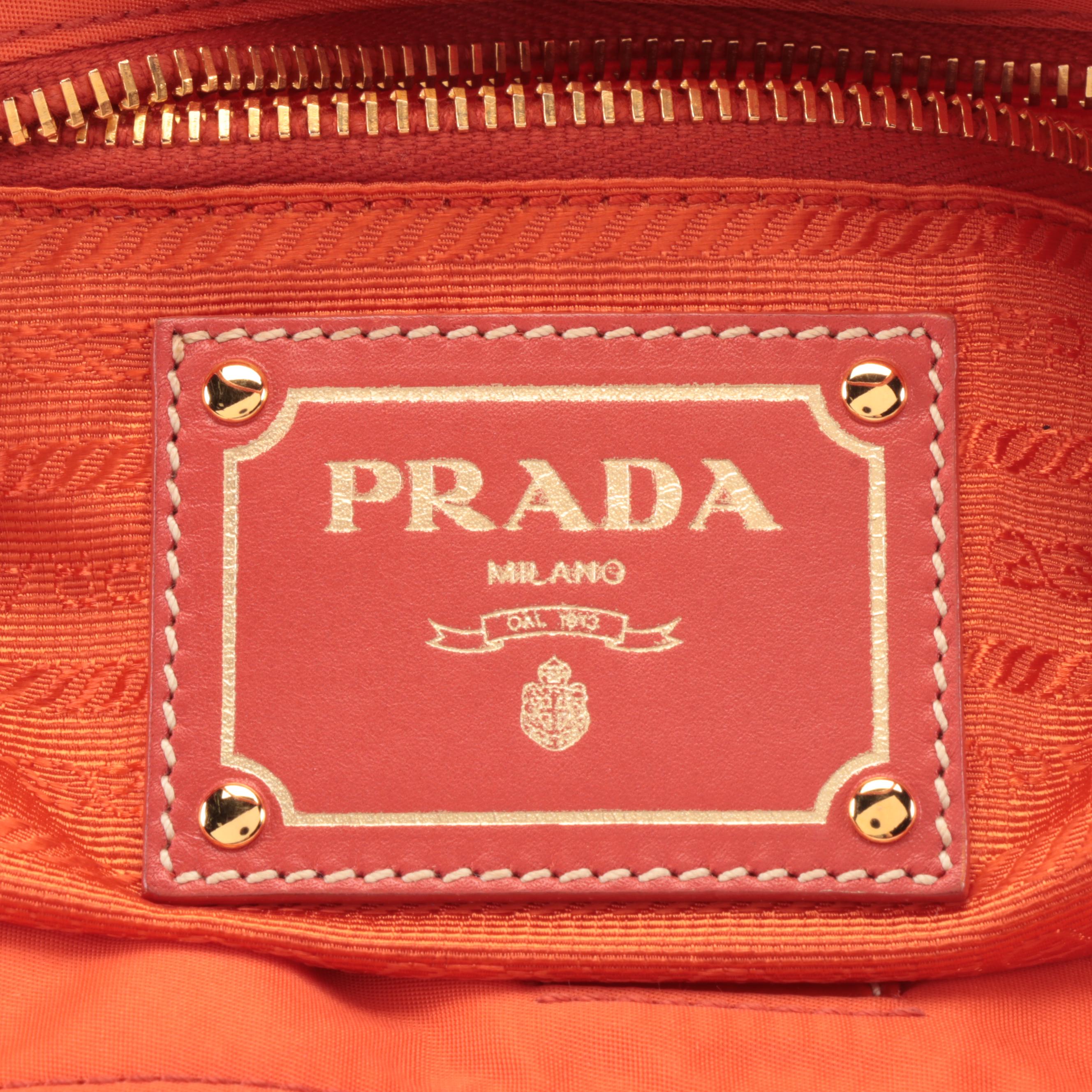 Prada Orange Large Print Logo Tessuto Canvas and Patent Leather Tote