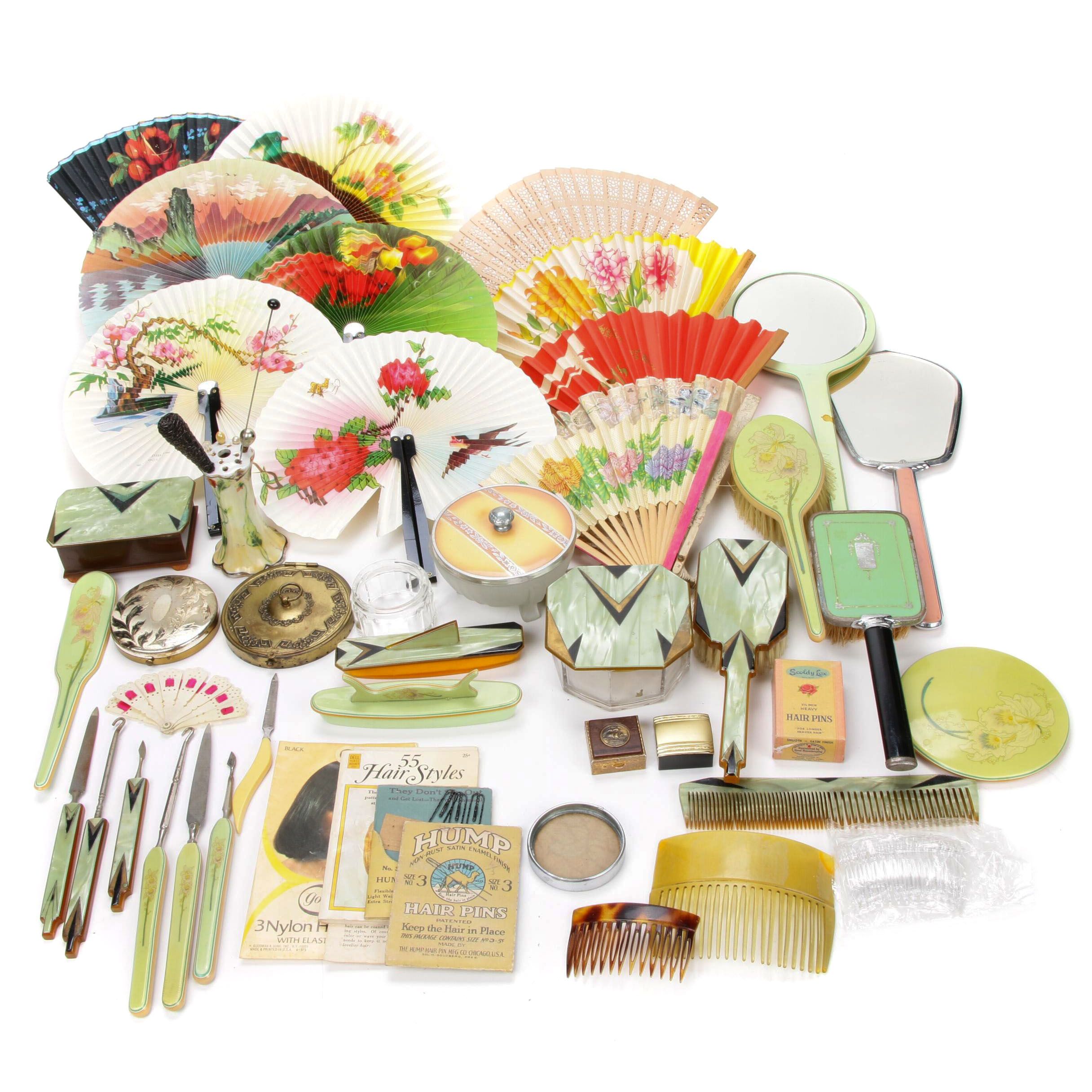 Dupont Lucite, Art Deco Pearled Green Celluloid, and Other Vanity Accessories