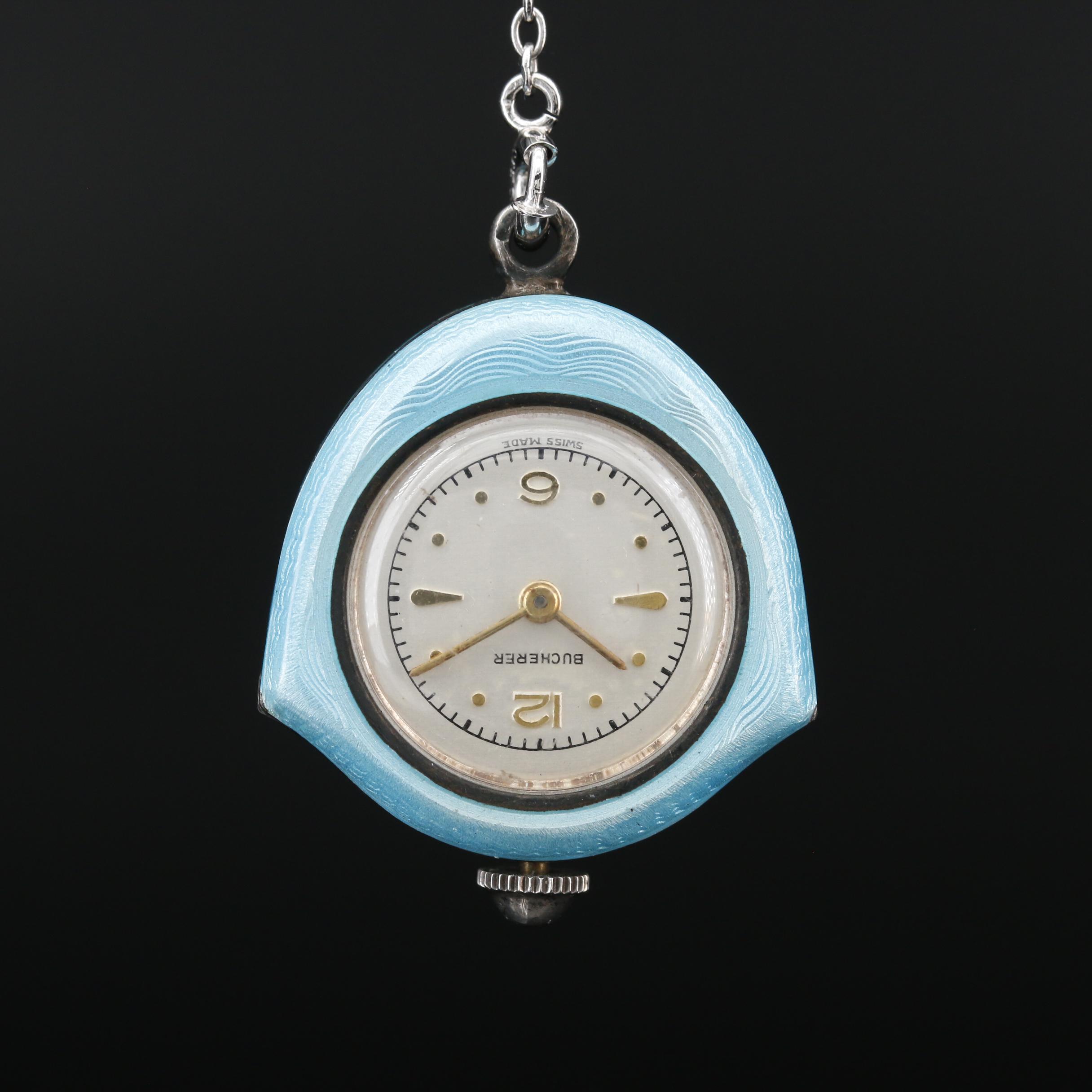 Vintage Bucherer Sterling Silver and Enamel Pendant Watch