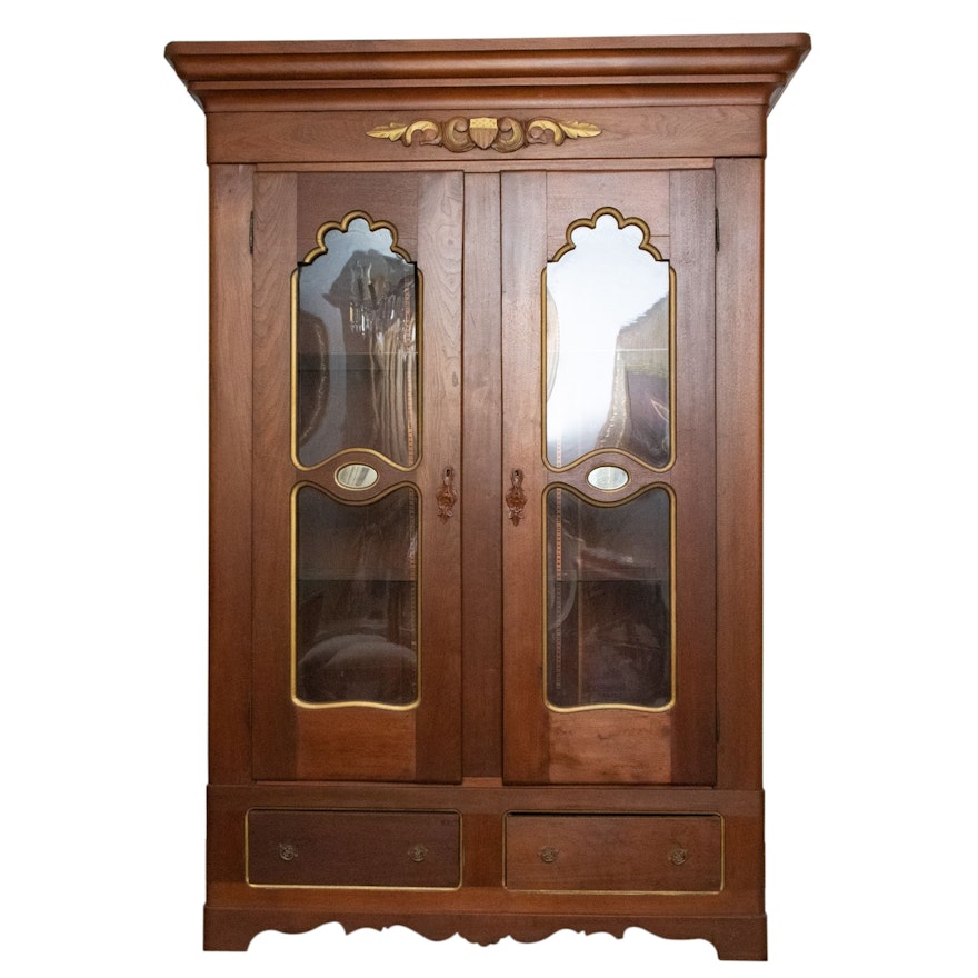 Victorian Poplar Armoire with Glass Doors and Shelves, 19th Century and Later